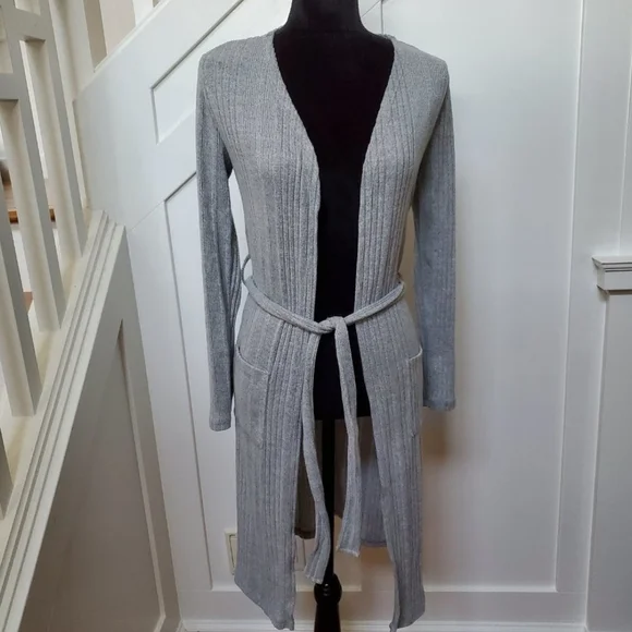 Gray Ribbed Open Front Cardigan - Picture 1 of 3